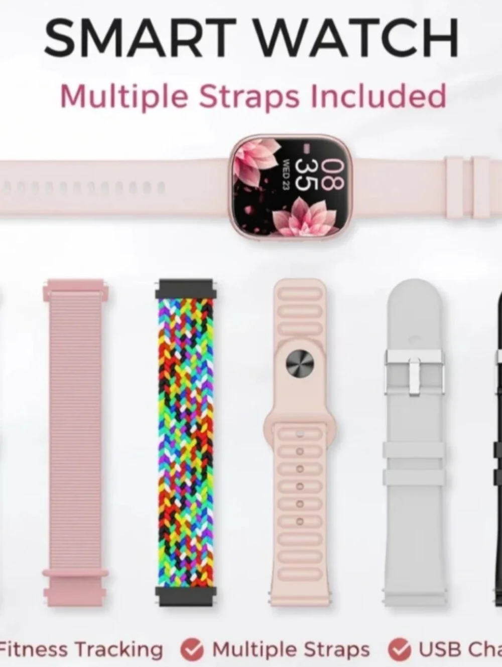 Smart Fitness Watch - Pink Silicone Strap